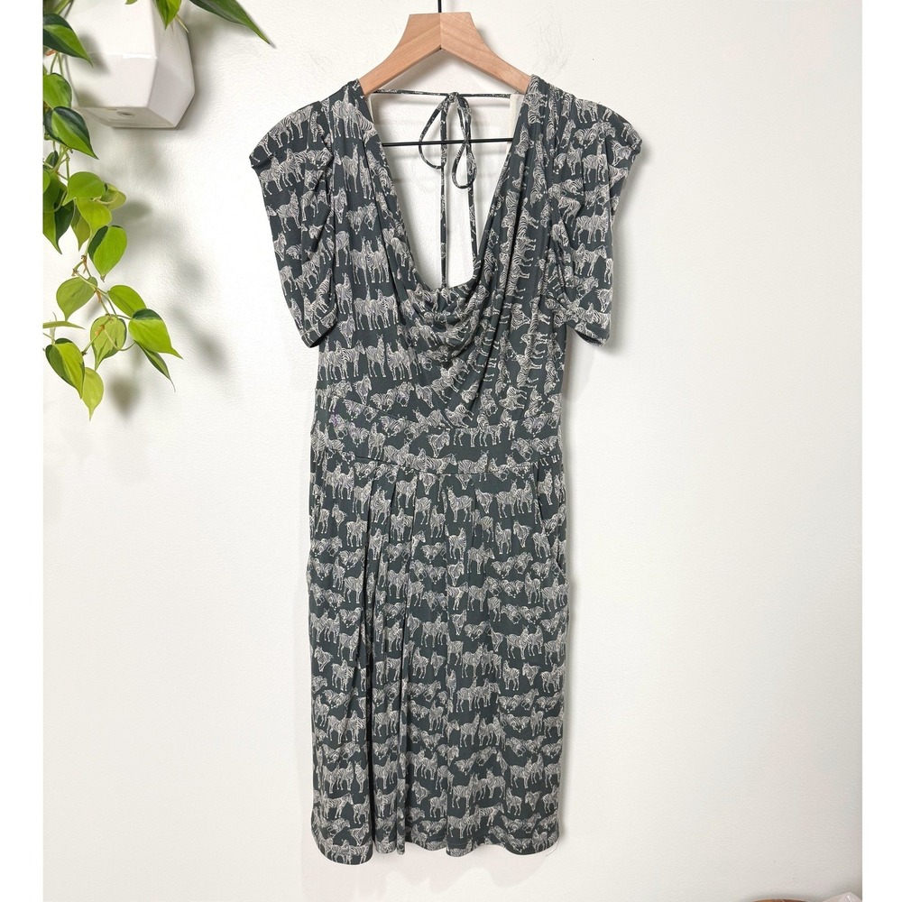 Eva Franco Zebra Print Silk Jersey Dress Cowl Neck Open Back Grey Cream 8 Y2K